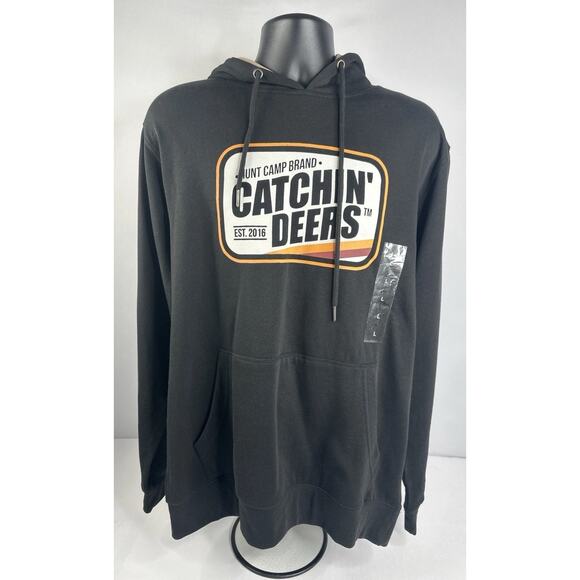 Catchin’ Deers Hoodie Mens Size Large Black Pullover Hunt Camp Catchin Deer Logo - Picture 1 of 5
